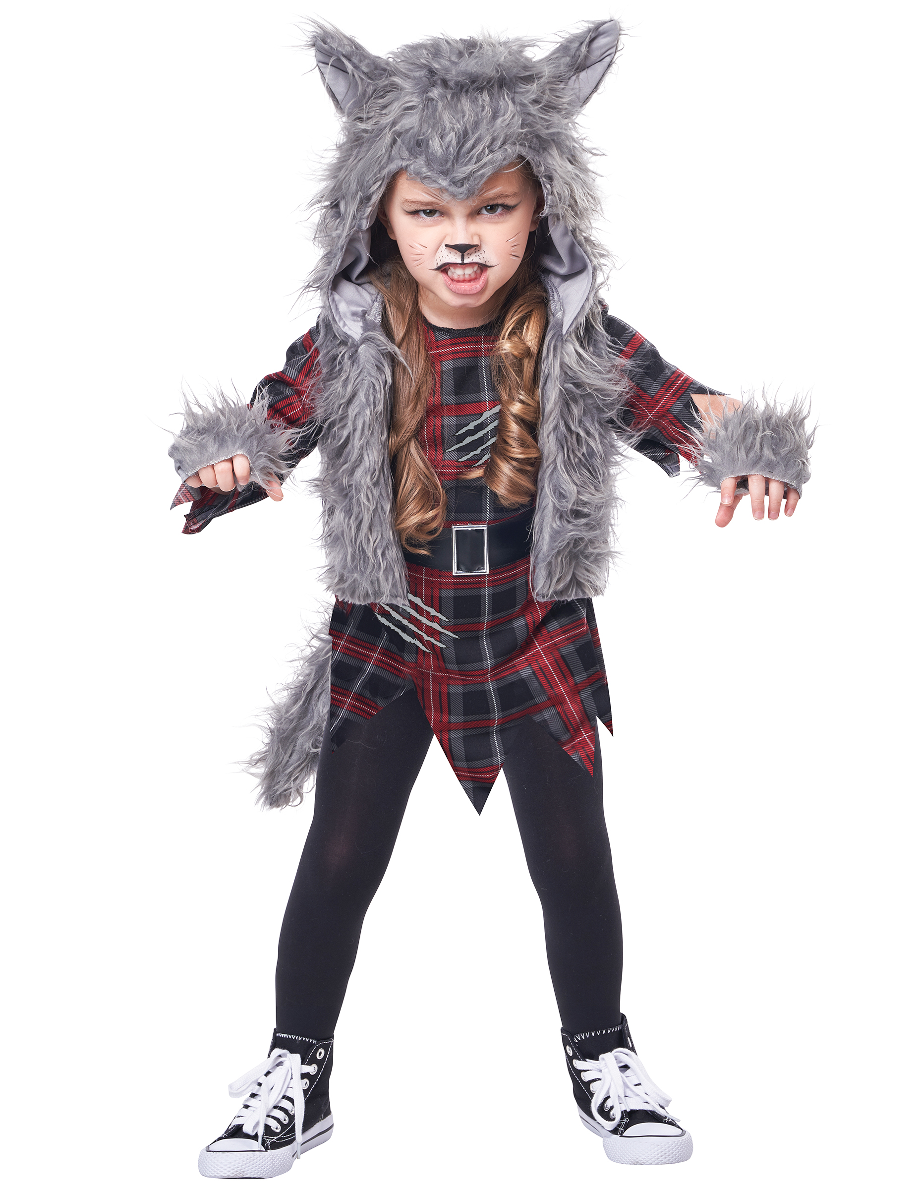 Schauriges Werwolf-Kostüm für Mädchen Halloween-Kostüm grau-rot-schwarz