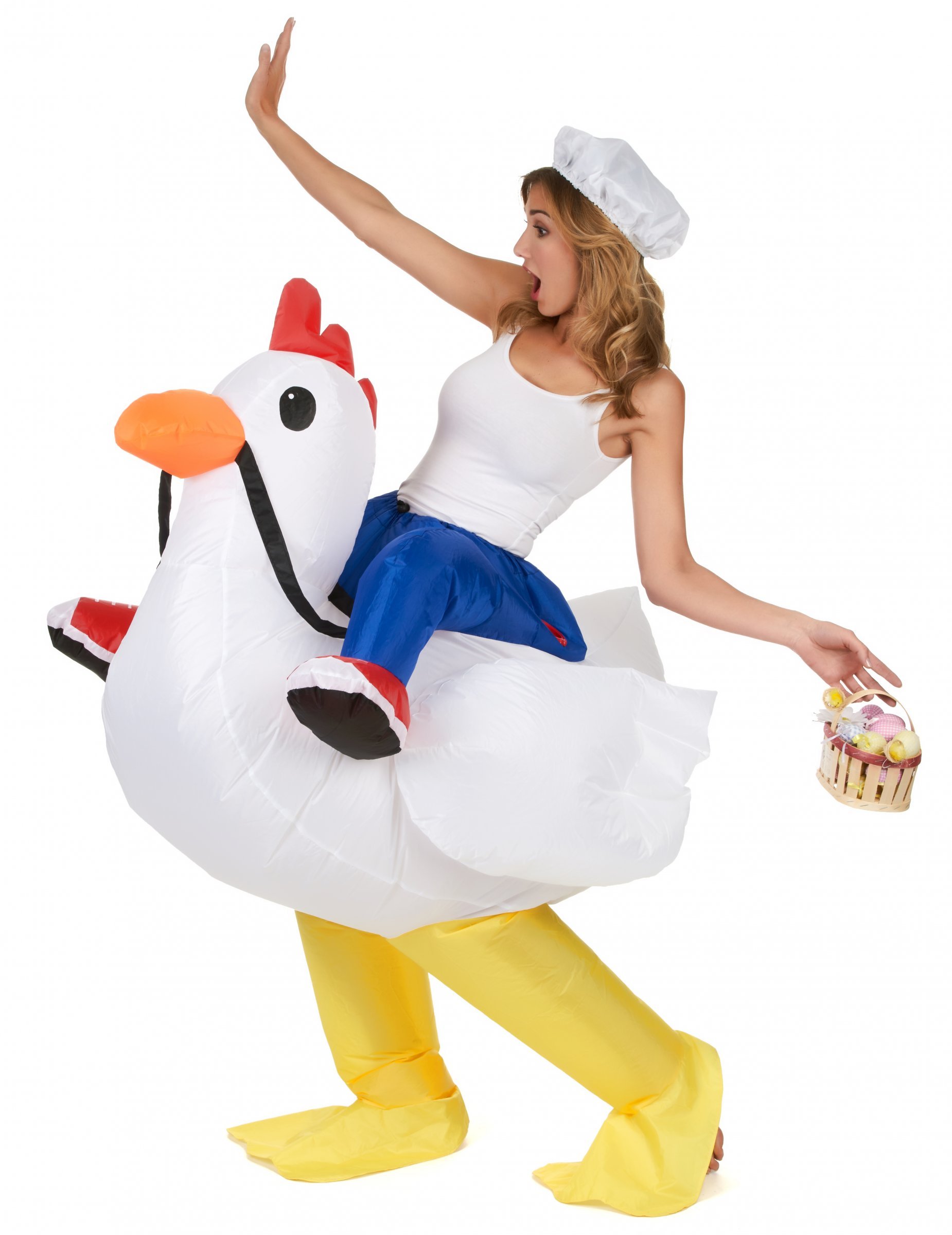 Aufblasbares Huckepack-Kostüm Huhn weiss-blau-gelb