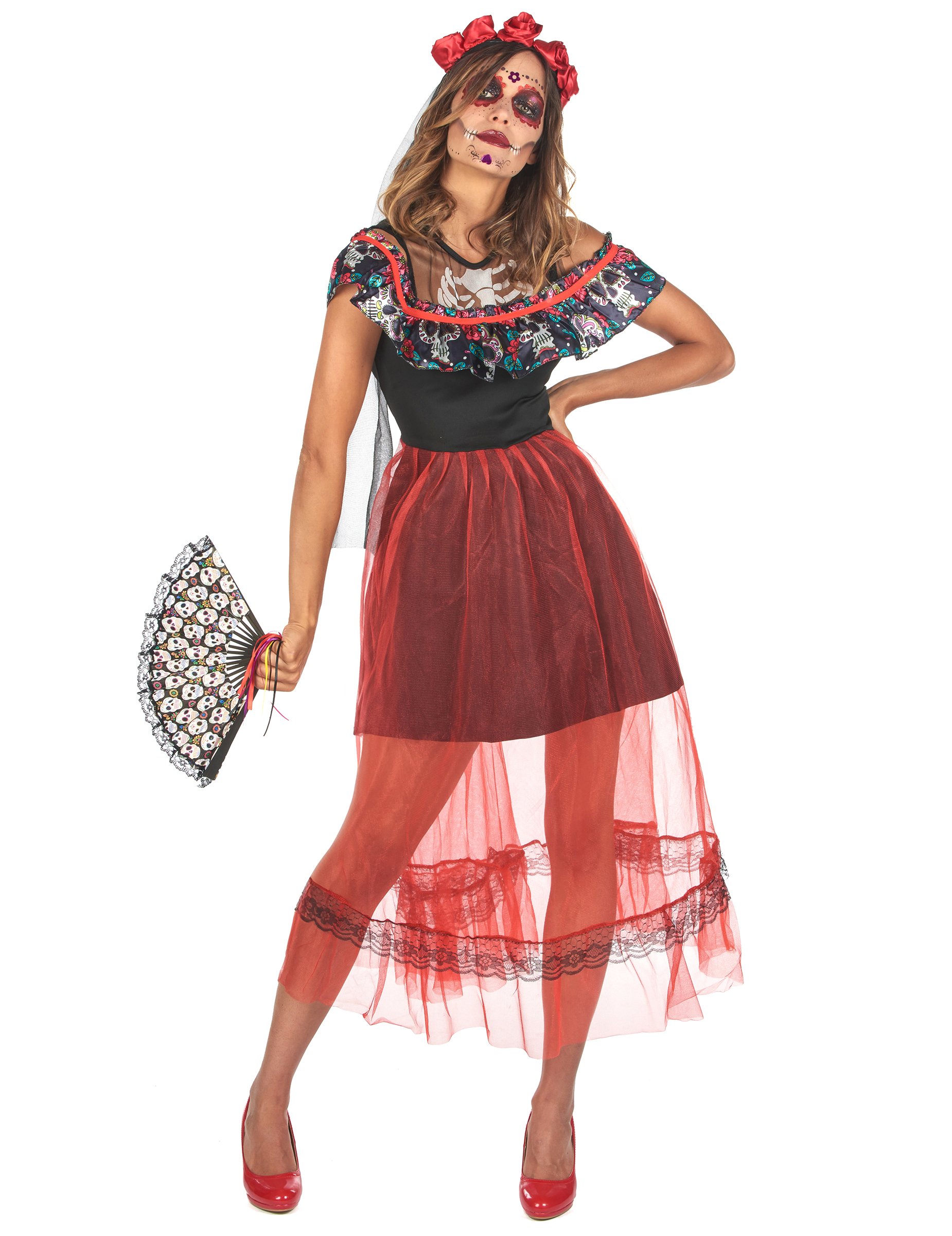 Tag der Toten Kleid Halloween-Kostüm für Damen rot-schwarz